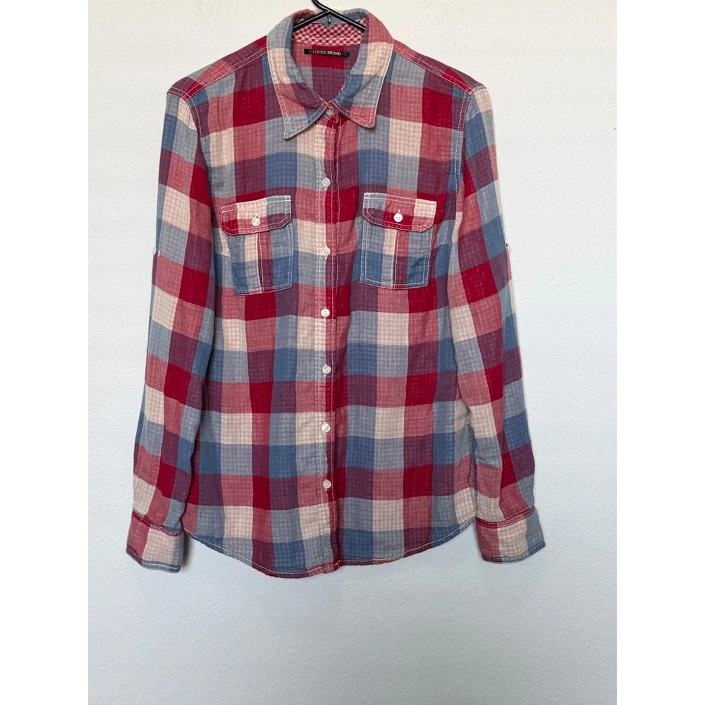 Lucky Brand Women 2XL Plaid Sheer Overlay Button Down Shirt Cotton Pink Burgundy